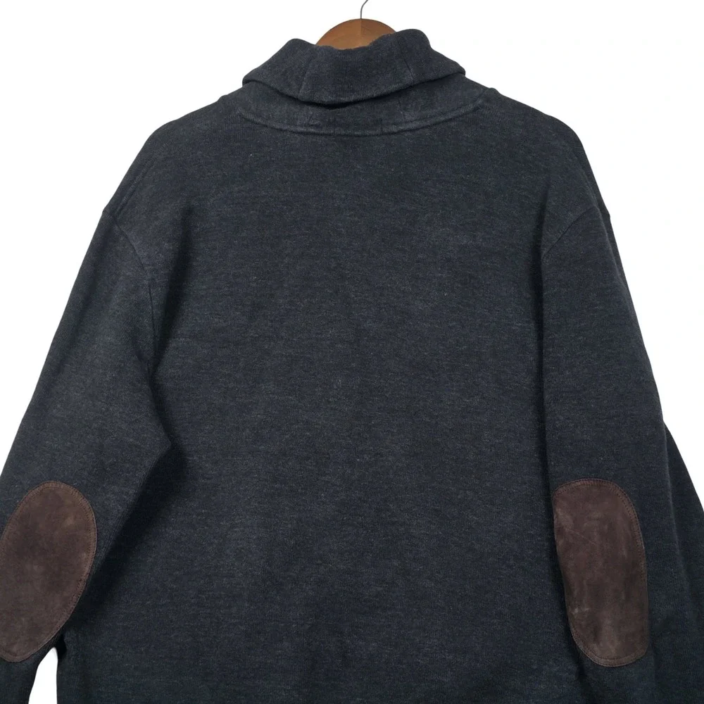 Polo Ralph Lauren Shawl Collar Sweater Mens XL Charcoal Grey Suede Elbow Patches